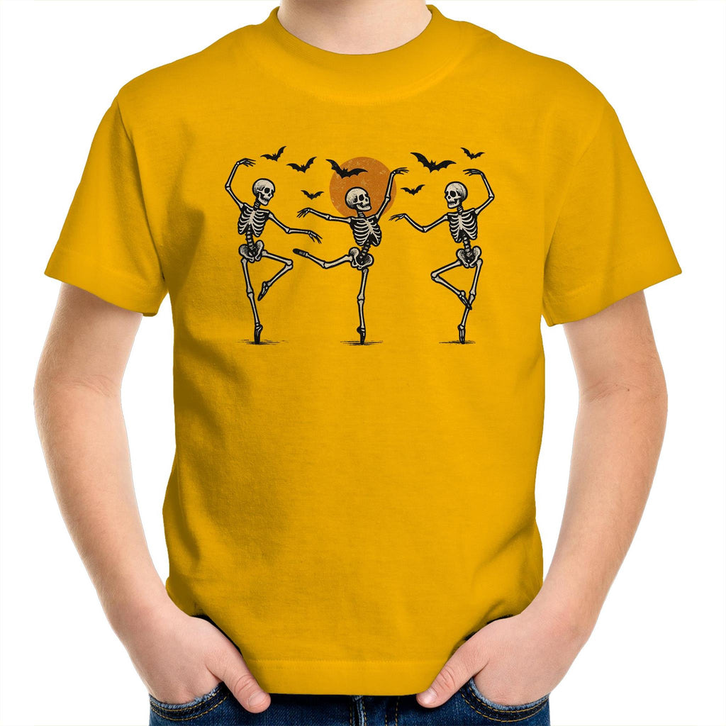 Skeleton Dance, Halloween - Kids Youth T-Shirt Gold Kids Youth T-shirt Halloween Printed In Australia