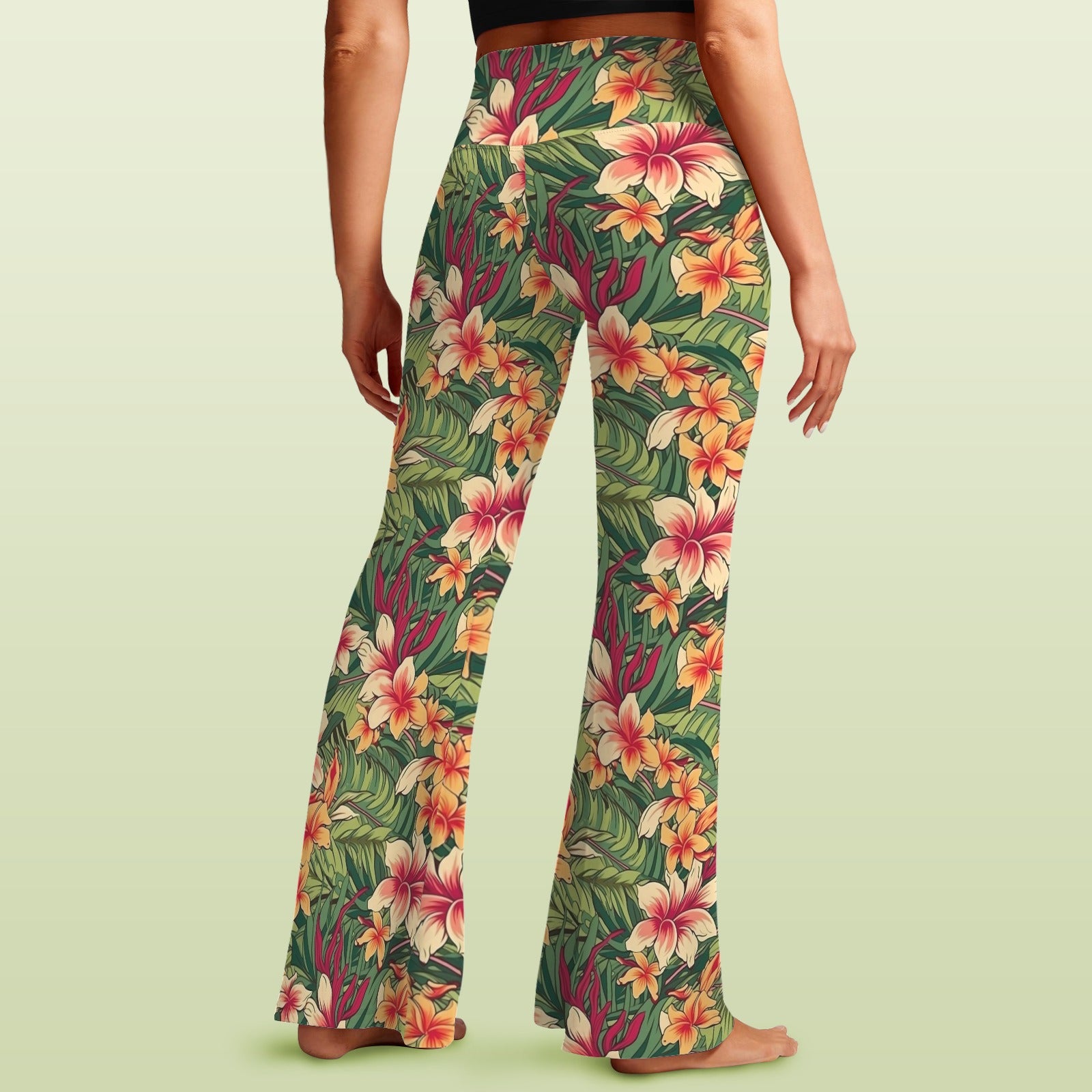 Vintage Hawaiian Floral - High Waist Crossover Tummy Control Flare Leggings