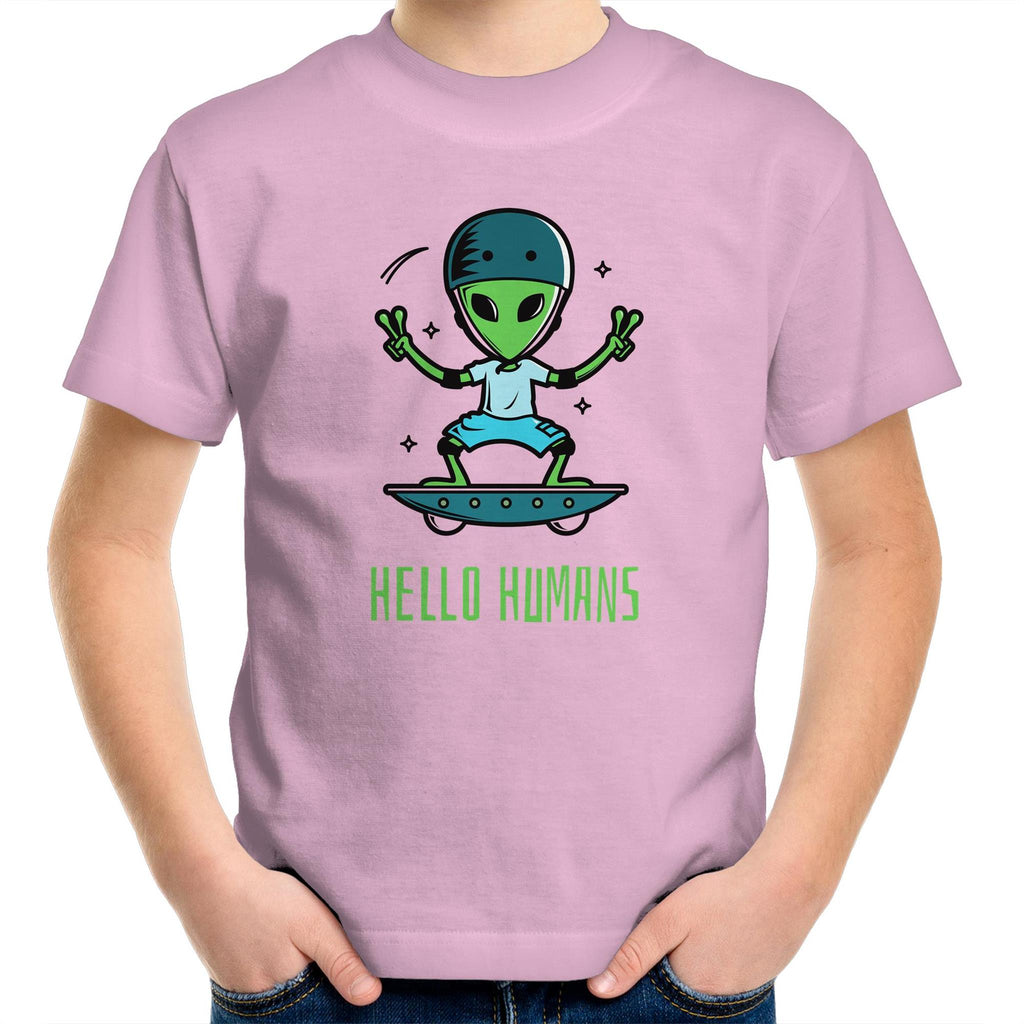 Hello Humans, Alien - Kids Youth T-Shirt Pink Kids Youth T-shirt Printed In Australia Sci Fi
