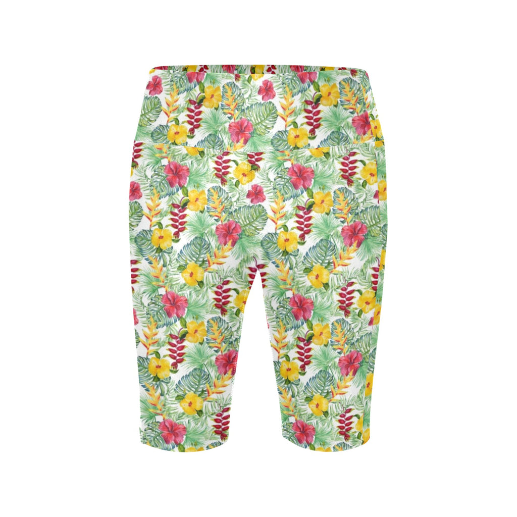 Tropical Flowers On White Women's Bike Shorts With Side Pockets