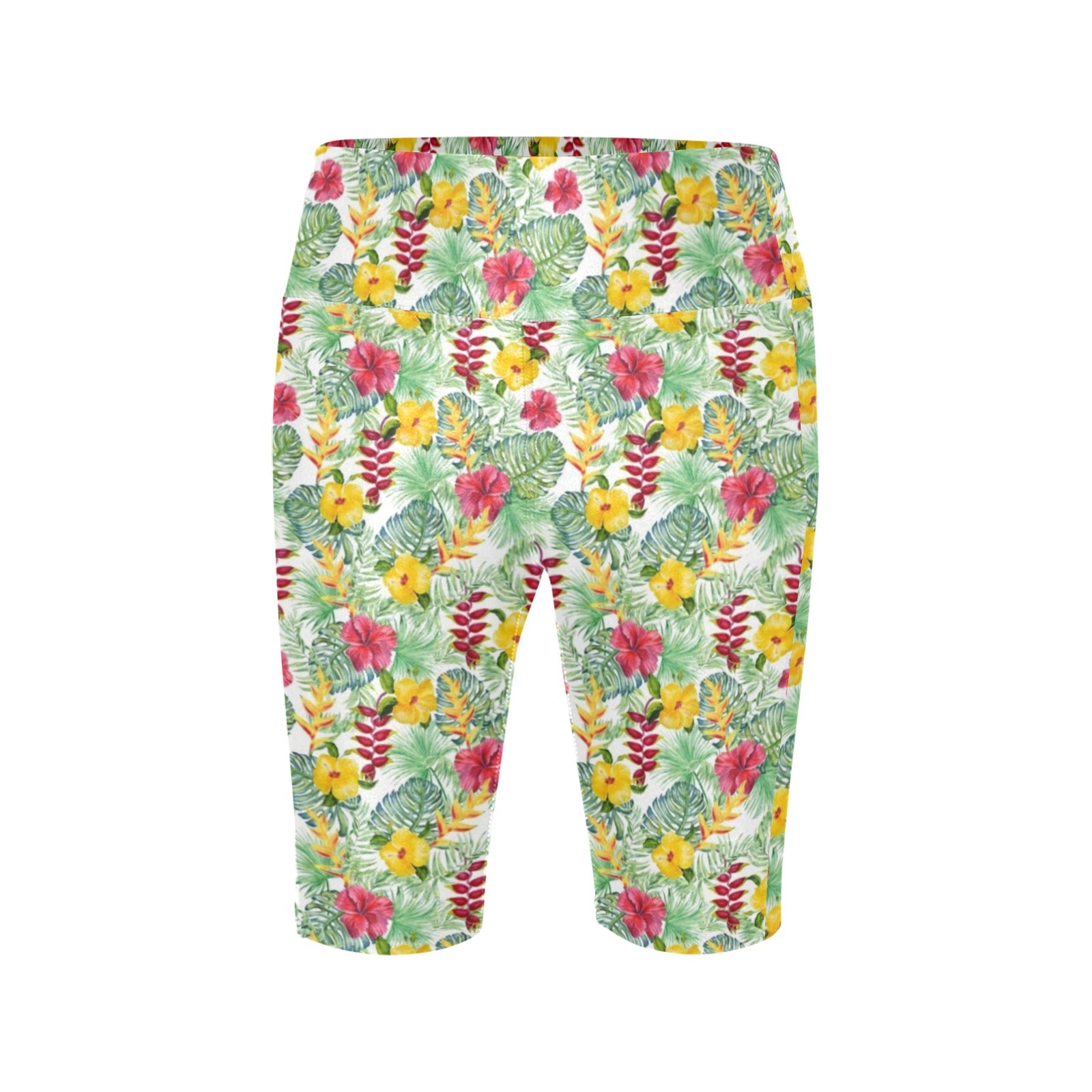 Tropical Flowers On White Women's Bike Shorts With Side Pockets