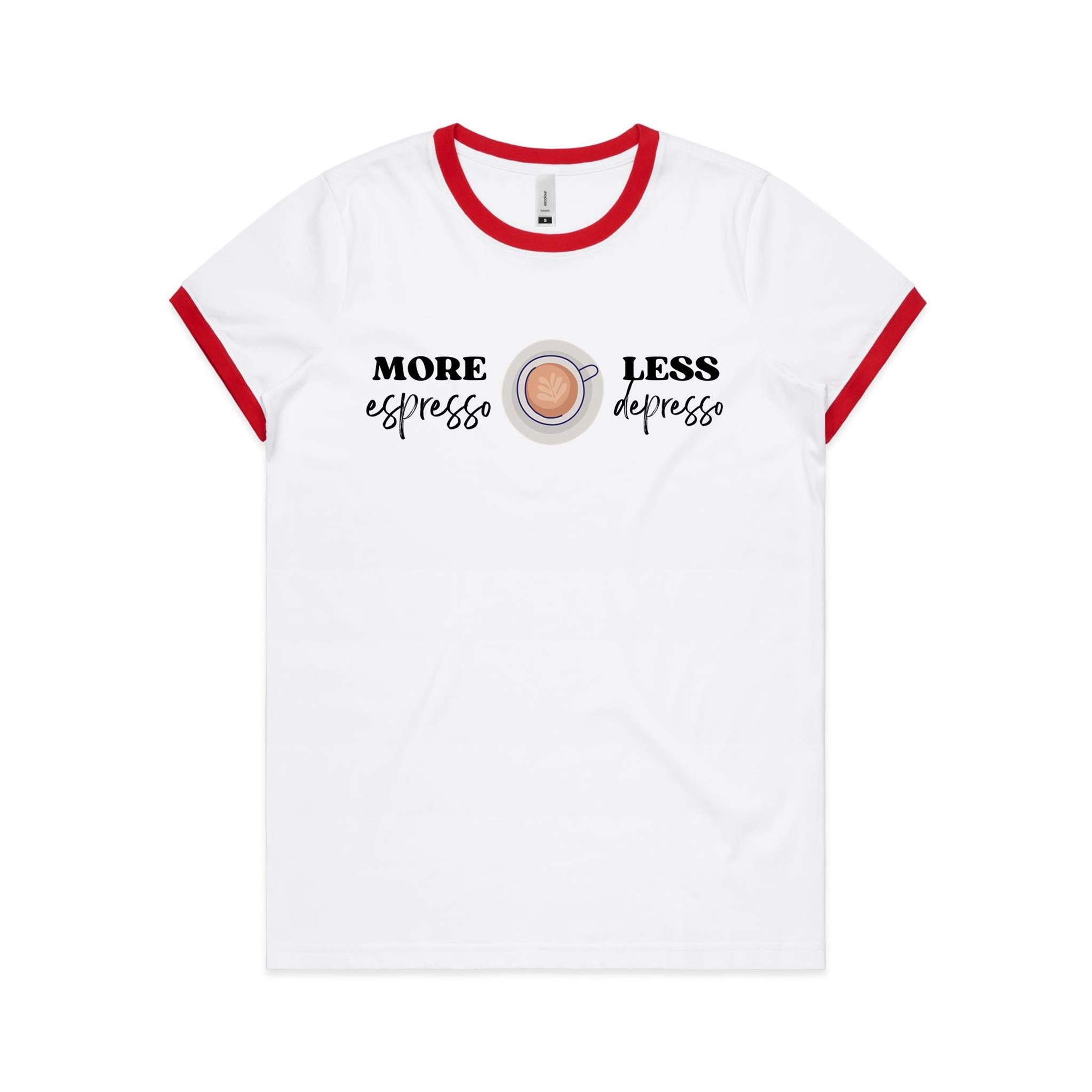 More Espresso, Less Depresso - Women's Ringer Tee White Red