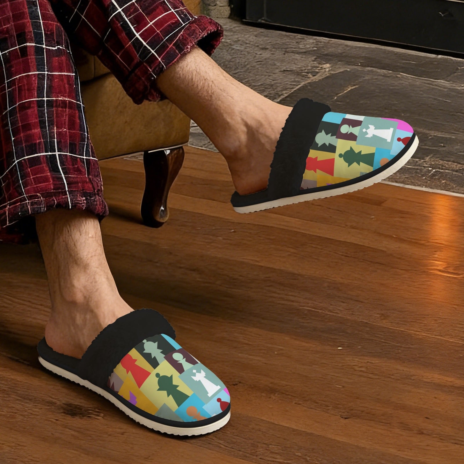 Colourful Chess Men's Fur Trim Thick-Sole Indoor Slippers Men's Fur Trimmed Slippers Chess Games Printed Offshore