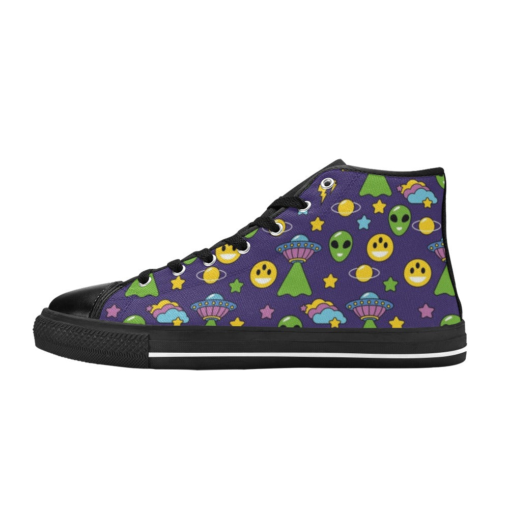Groovy Alien And UFO Men's High Top Canvas Shoes US12 Men's Classic High Top Canvas Shoes Printed Offshore Retro Sci Fi