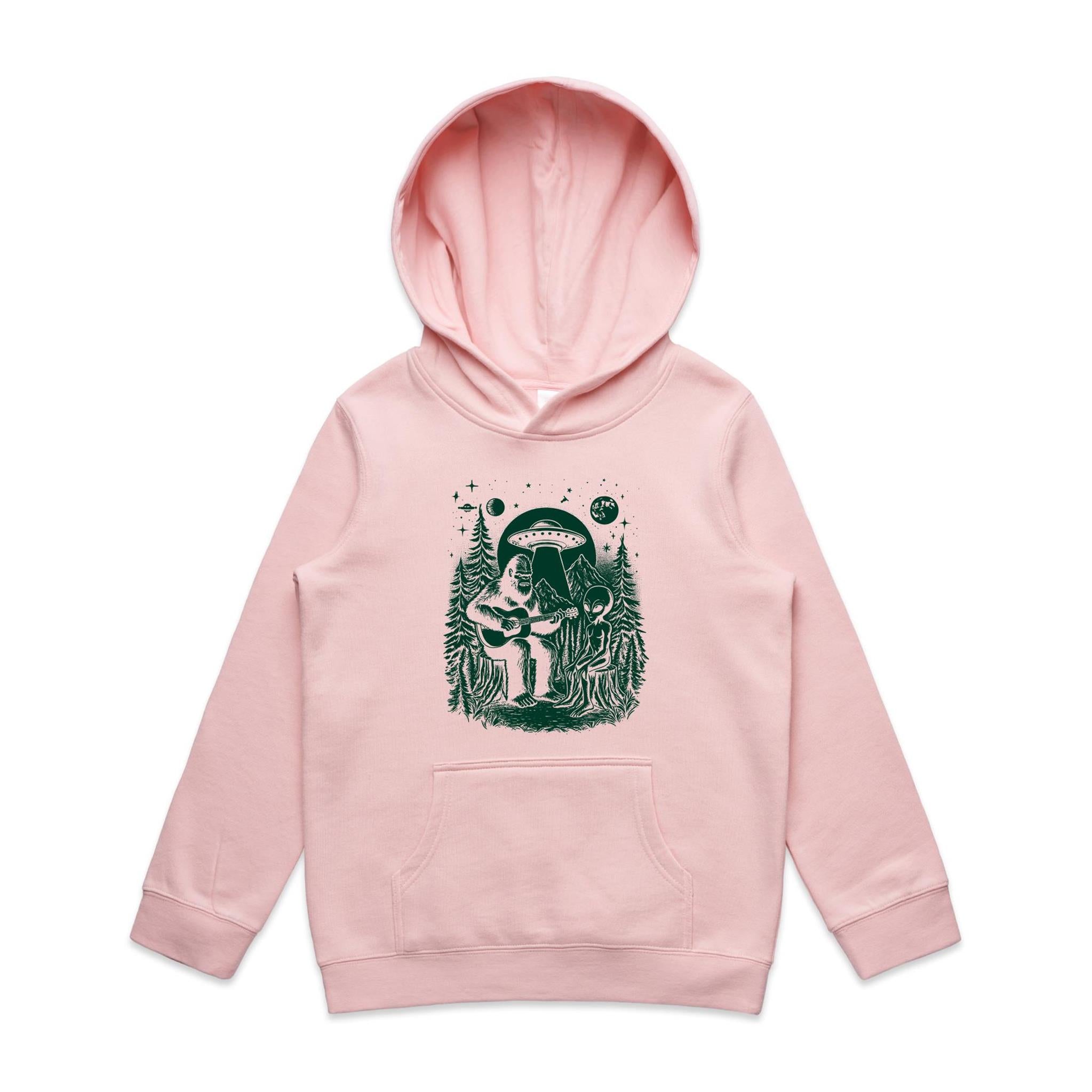 Alien And Bigfoot Playing Guitar - Kids Hoodie Pink Kids Hoodie Printed In Australia