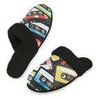 Cassette Tapes Men's Fur Trim Thick-Sole Indoor Slippers 2XL Men's Fur Trimmed Slippers Music Printed Offshore