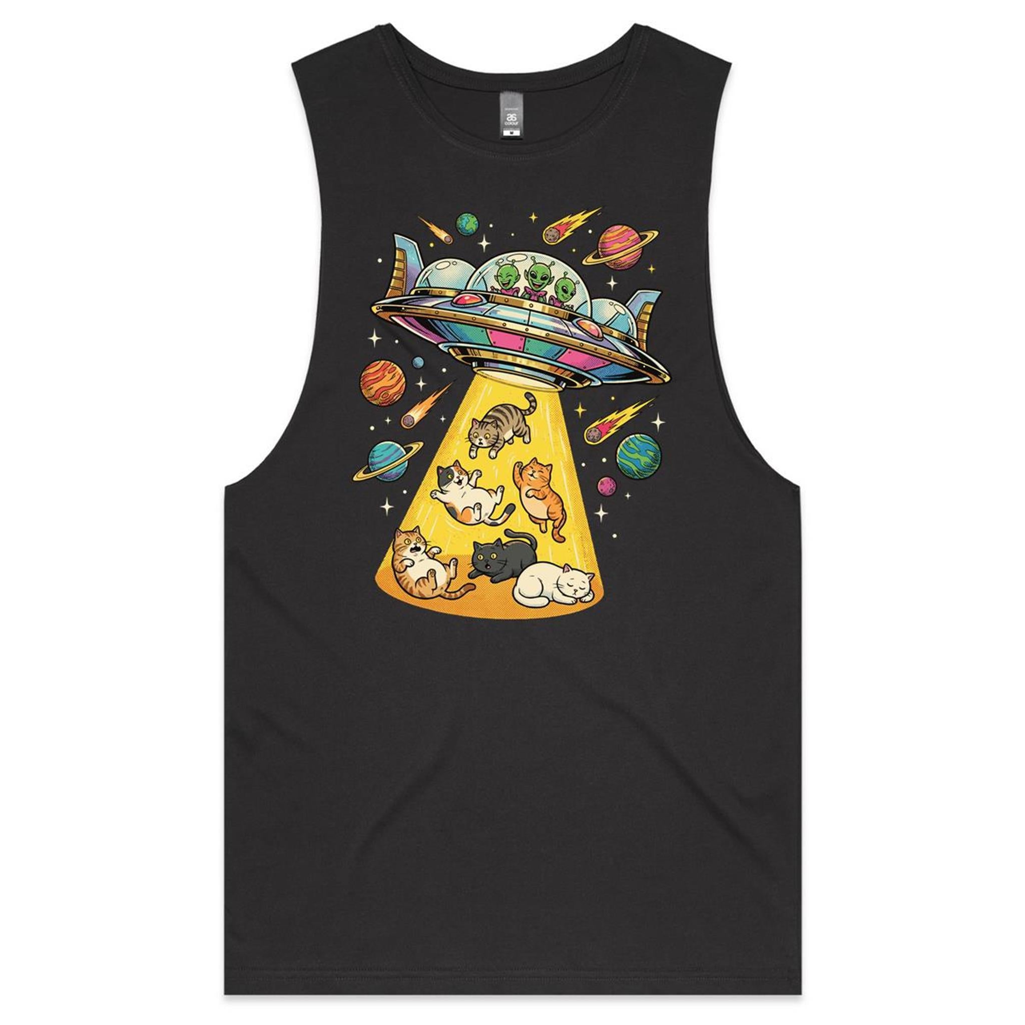 UFO Cat Abduction Mens Men's AS Colour Drop Arm Tank Top Coal Drop Arm Tank Top animal Printed In Australia Sci Fi