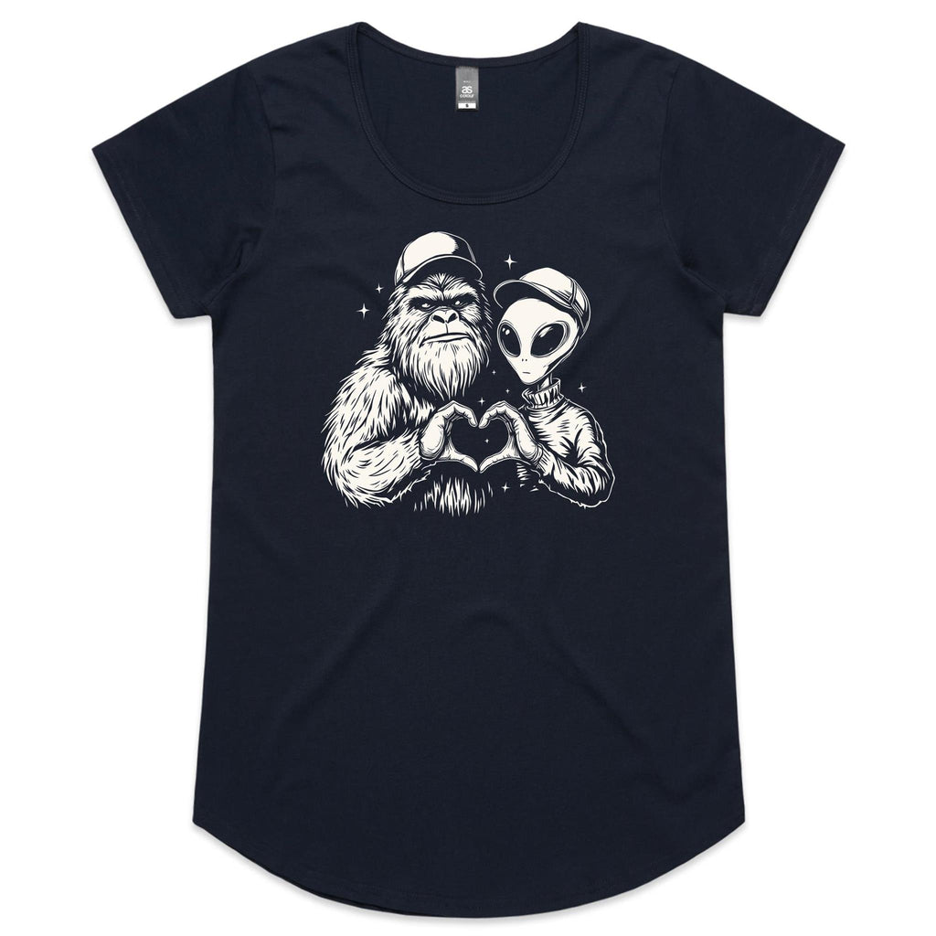 Alien Bigfoot Heart Hands - Womens Scoop Neck T-Shirt Navy Womens Scoop Neck T-shirt Love Printed In Australia Sci Fi