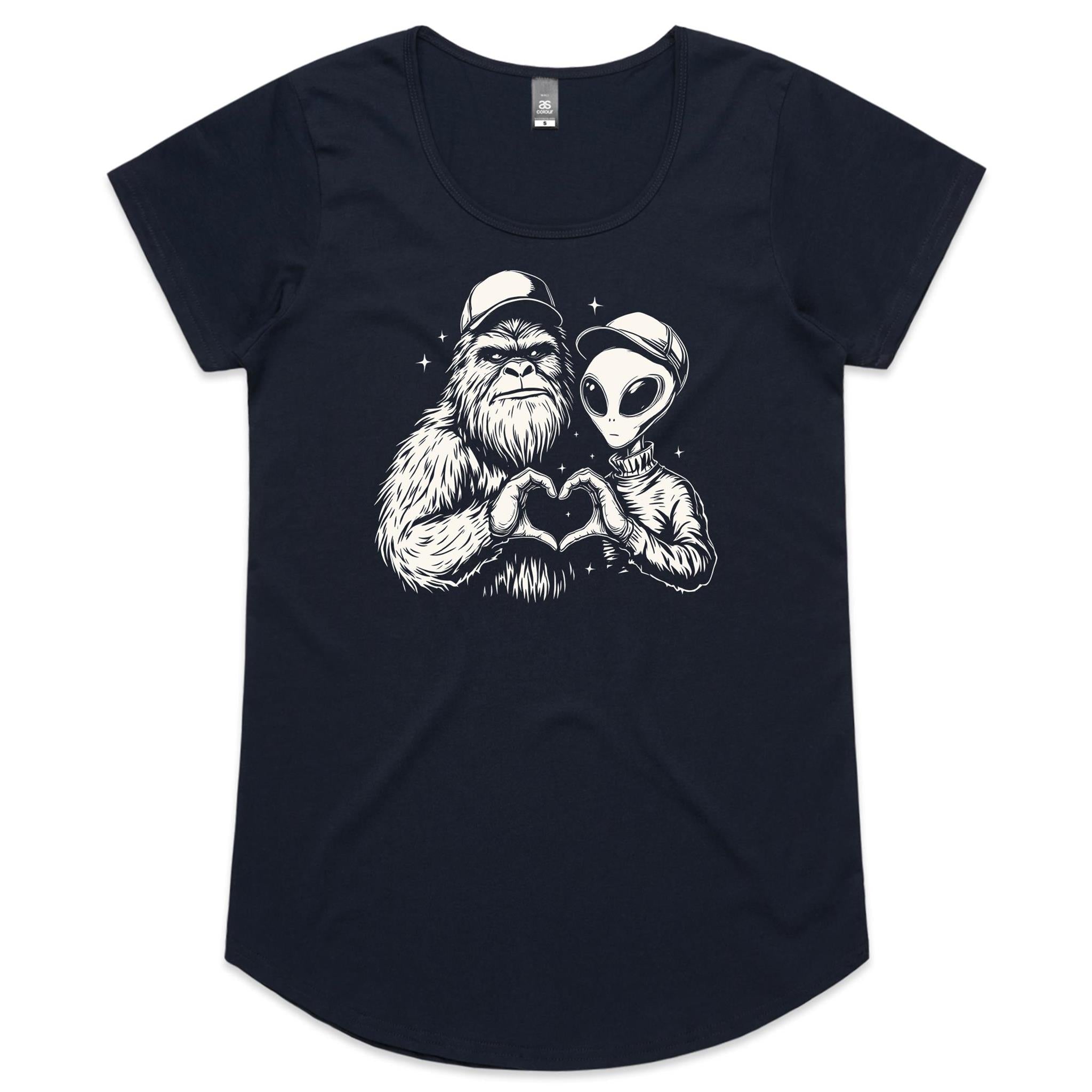 Alien Bigfoot Heart Hands - Womens Scoop Neck T-Shirt Navy Womens Scoop Neck T-shirt Love Printed In Australia Sci Fi