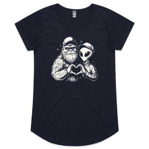 Alien Bigfoot Heart Hands - Womens Scoop Neck T-Shirt Navy Womens Scoop Neck T-shirt Love Printed In Australia Sci Fi