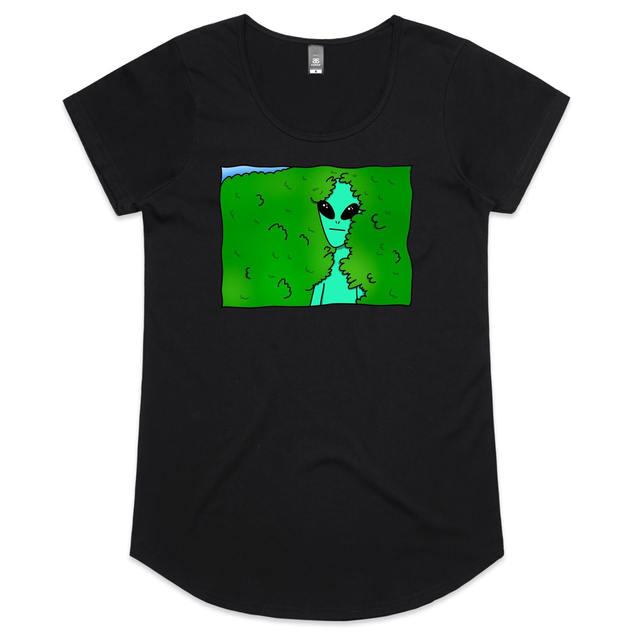 Alien Backing Into Hedge Meme - Womens Scoop Neck T-Shirt Black Womens Scoop Neck T-shirt Printed In Australia Sci Fi