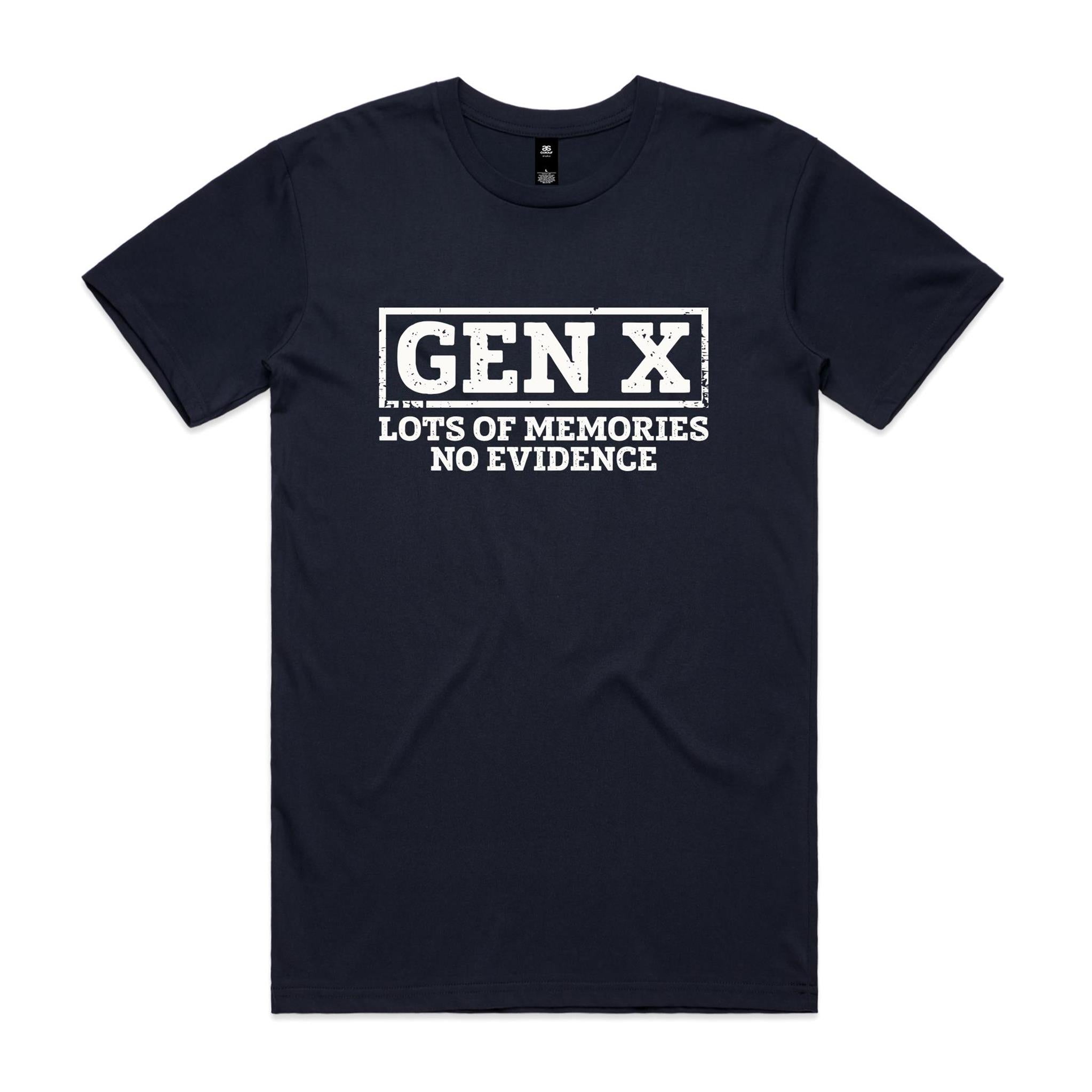 Gen X, Lots Of Memories, No Evidence - Men's AS Colour T-shirt Navy Mens T-shirt Printed In Australia