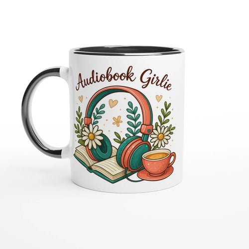 Audiobook Girlie - White 11oz Ceramic Mug with Colour Inside Ceramic Black Colour 11oz Mug Globally Fulfilled Reading