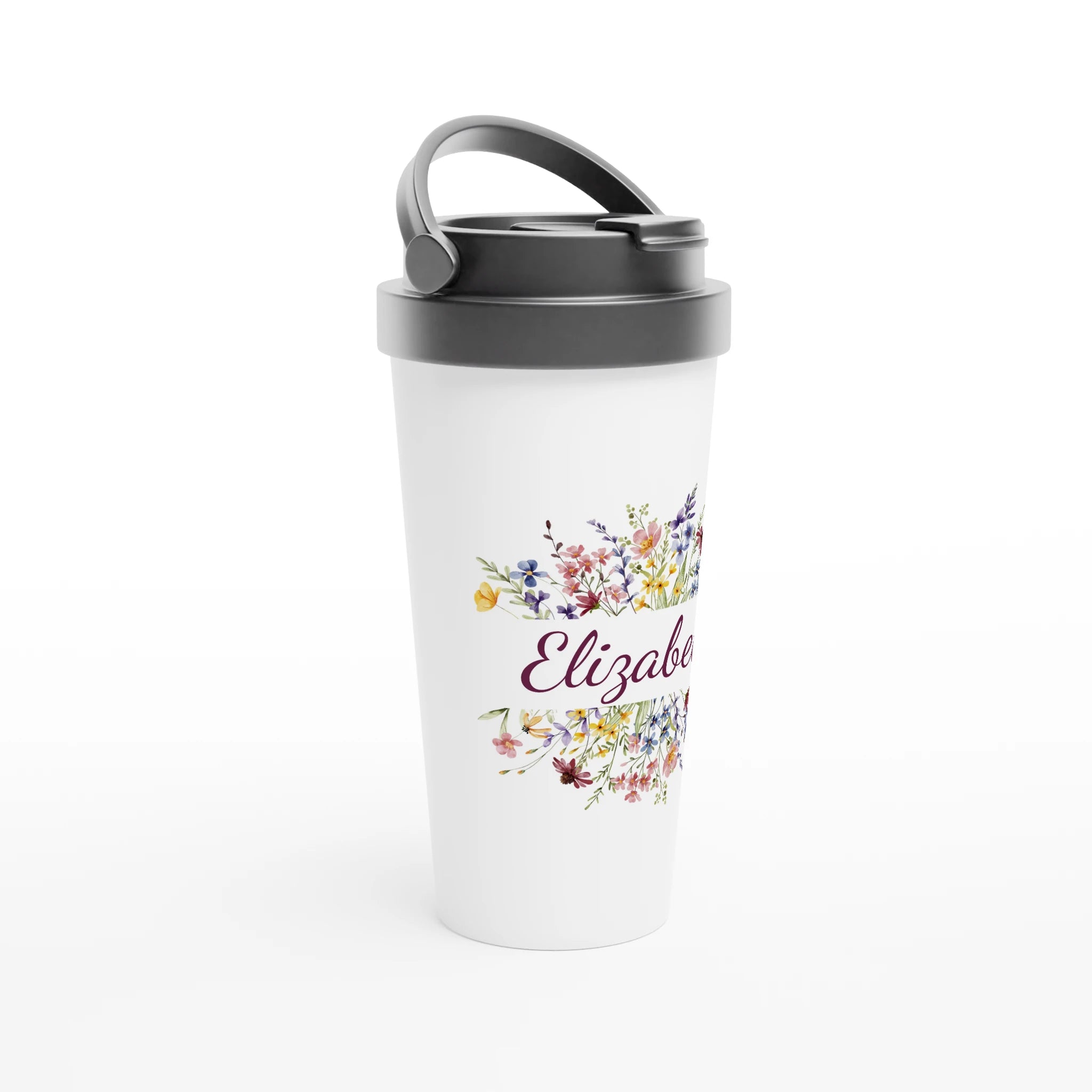 Personalise - Flower Frame Name - White 15oz Stainless Steel Travel Mug Personalised Travel Mug customise Globally Fulfilled Name personalise Plants