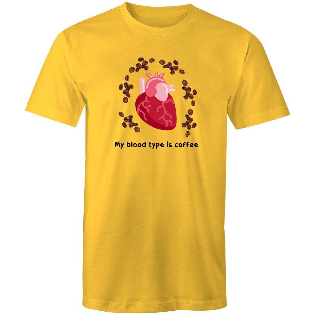 My Blood Type Is Coffee - Mens T-Shirt Yellow Mens T-shirt Coffee Printed In Australia