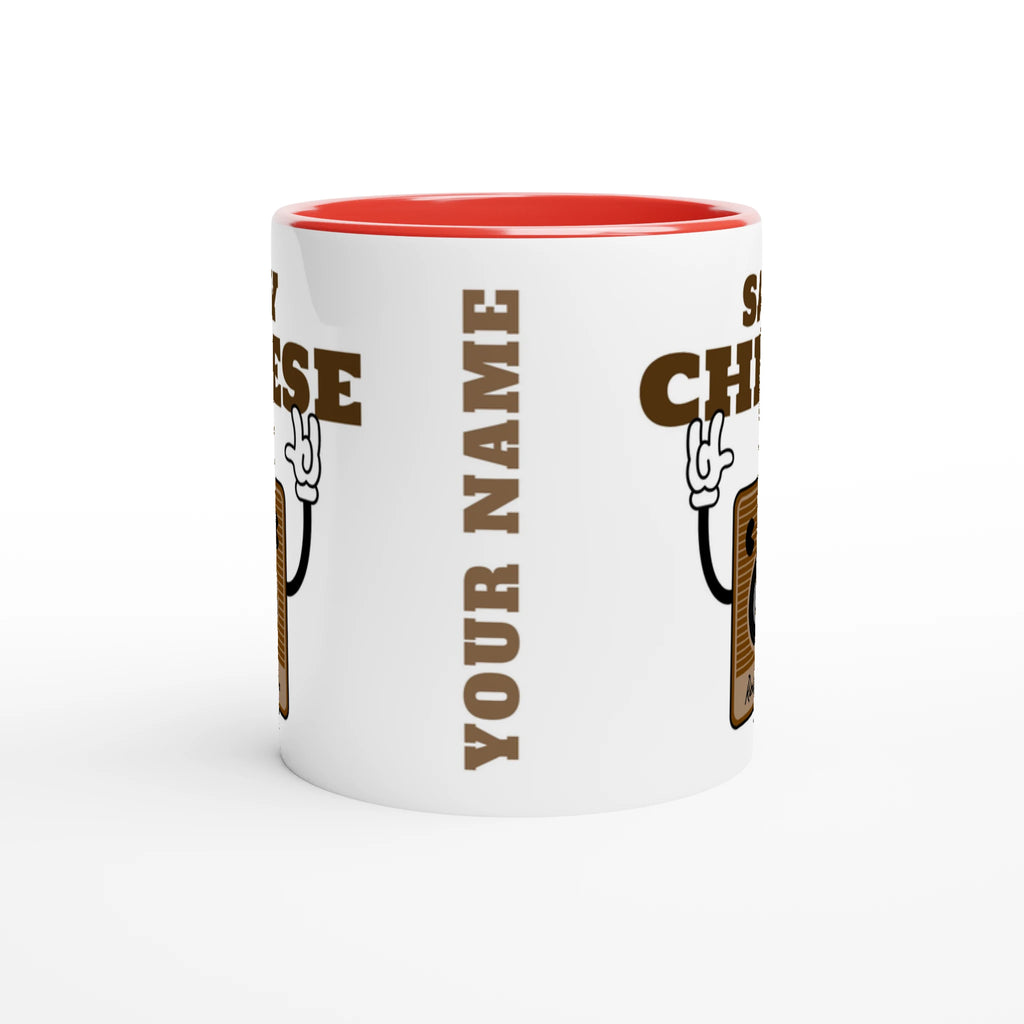 Personalised - Say Cheese, Retro Camera - White 11oz Ceramic Mug with Colour Inside Personalised 11oz Mug customise Globally Fulfilled personalise Retro Tech