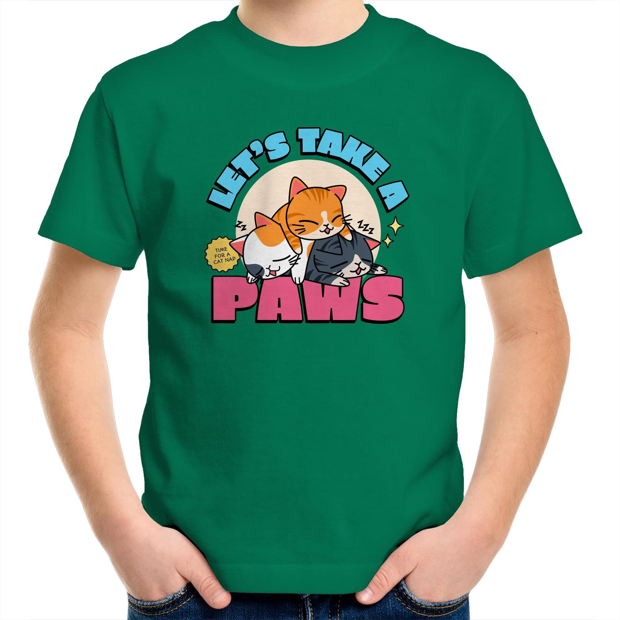 Let's Take A Paws, Cats - Kids Youth T-Shirt Kelly Green Kids Youth T-shirt animal Printed In Australia