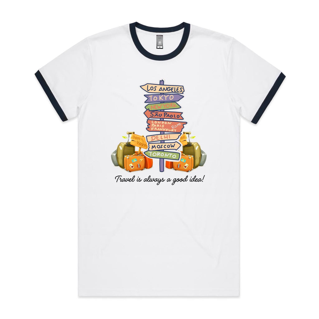 Travel Is Always A Good Idea - Staple Ringer Tee White Navy Ringer T-Shirt Printed In Australia