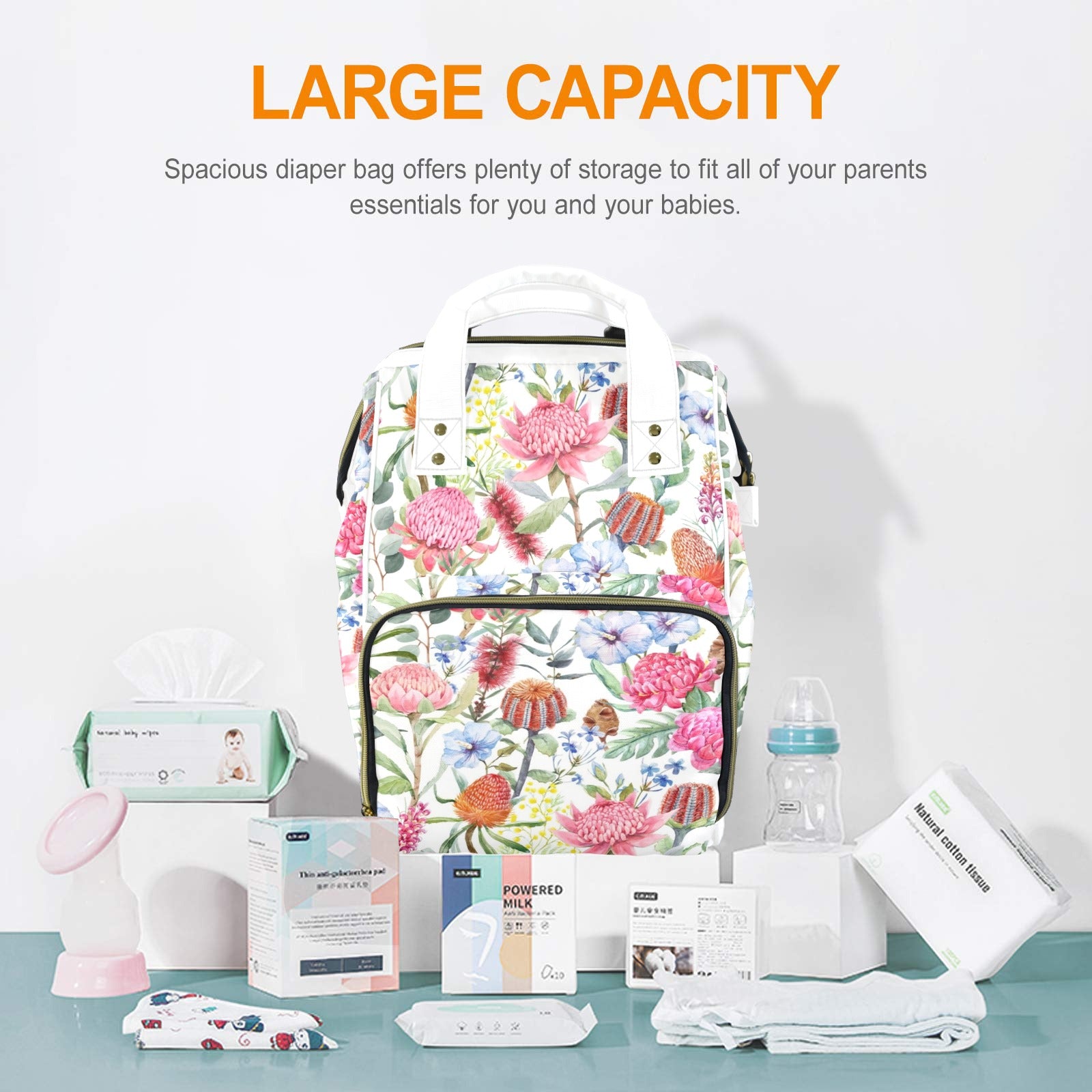 Australian Flowers - Multi-Function Backpack, Nappy / Diaper Bag
