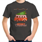 Merry Christmas Hippy Van - Kids Youth T-Shirt Charcoal Kids Christmas T-shirt Christmas Printed In Australia