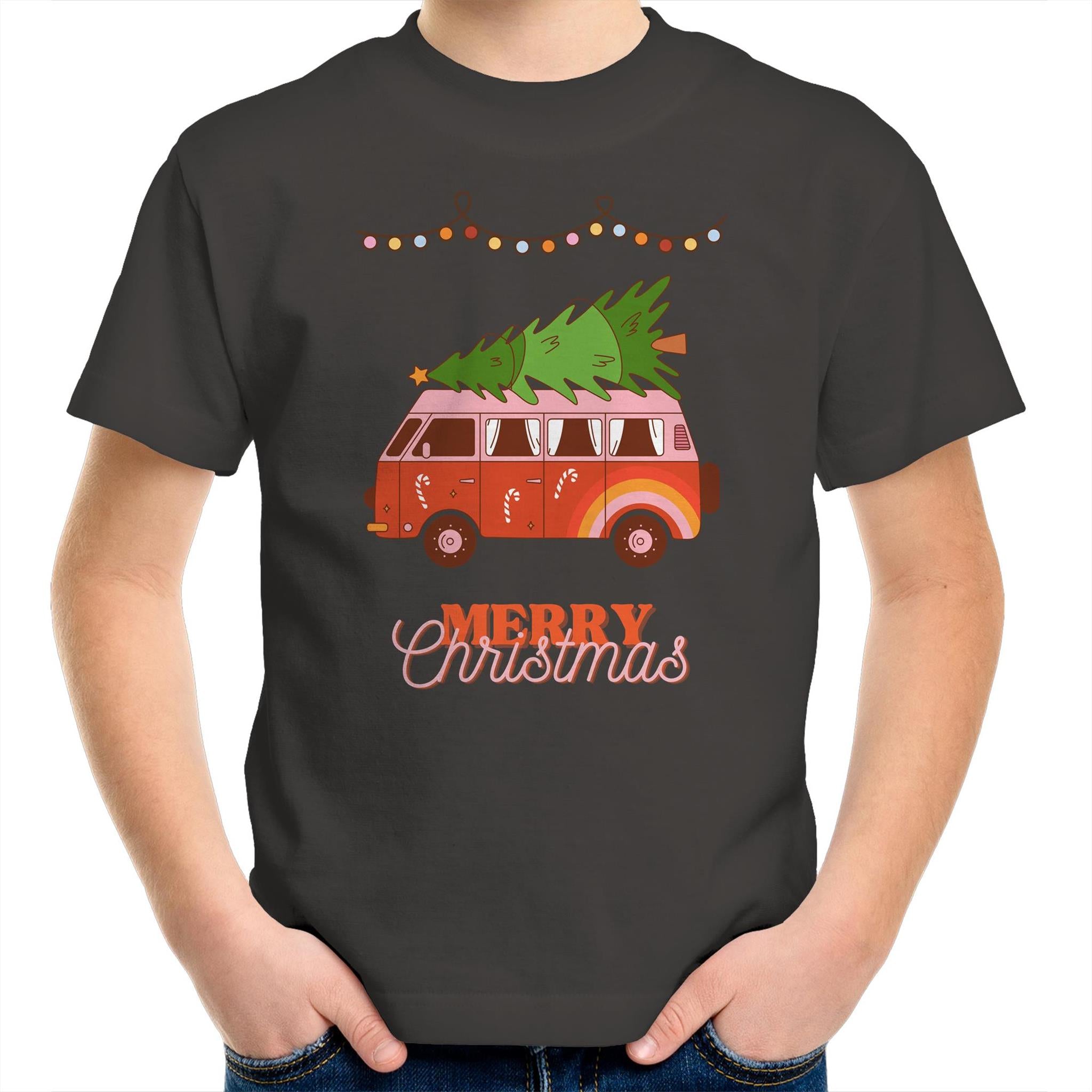 Merry Christmas Hippy Van - Kids Youth T-Shirt Charcoal Kids Christmas T-shirt Christmas Printed In Australia
