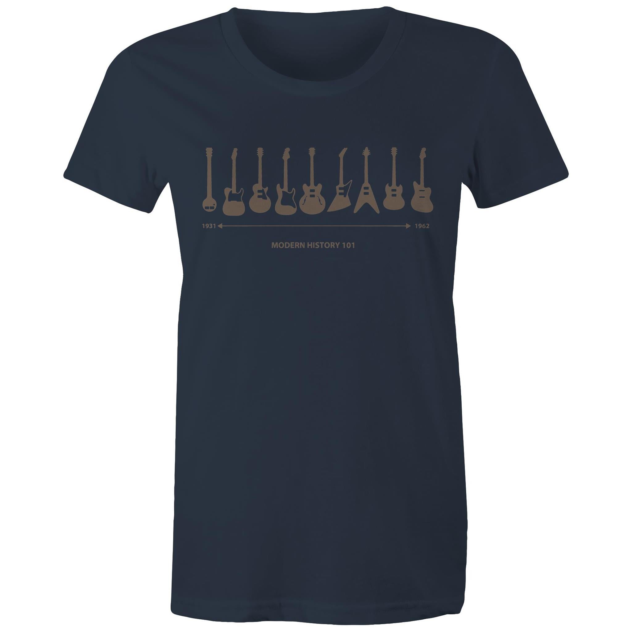 Guitar Timeline - Womens T-shirt Navy Womens T-shirt Music Printed In Australia