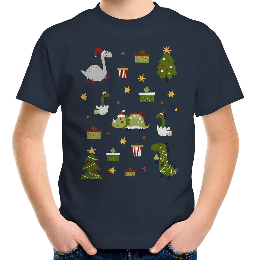 Cute Dinosaur Christmas - Kids Youth T-Shirt Navy Kids Christmas T-shirt Christmas Printed In Australia