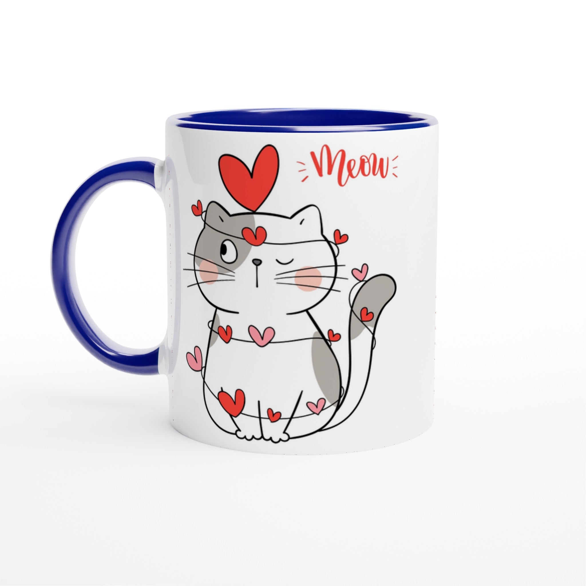 Cat Heart Meow - White 11oz Ceramic Mug with Color Inside Ceramic Blue Colour 11oz Mug animal Globally Fulfilled Love