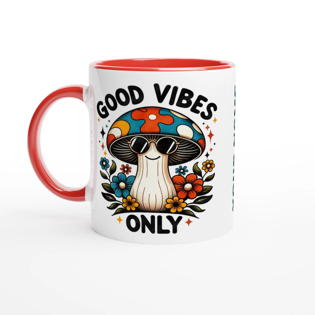 Personalised Good Vibes Only, Hippie Mushroom With Sunglasses 11oz Ceramic Mug Ceramic Red Personalised 11oz Mug Globally Fulfilled Positivity