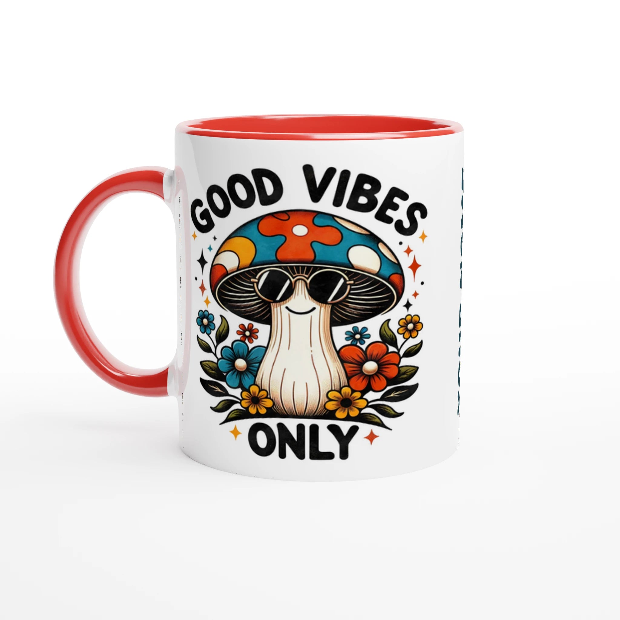 Personalised Good Vibes Only, Hippie Mushroom With Sunglasses 11oz Ceramic Mug Ceramic Red Personalised 11oz Mug Globally Fulfilled Positivity