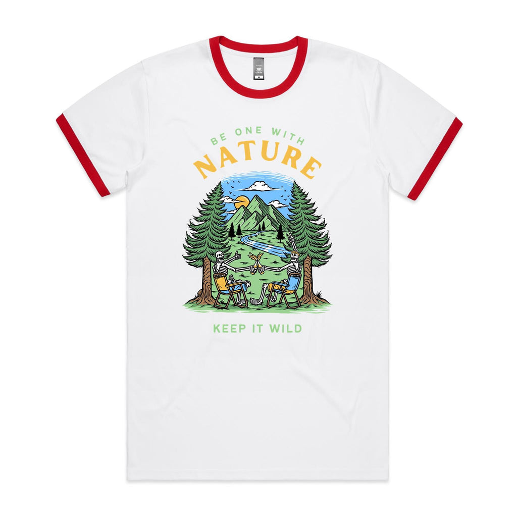 Be One With Nature, Skeleton - Staple Ringer Tee White Red Ringer T-Shirt Printed In Australia