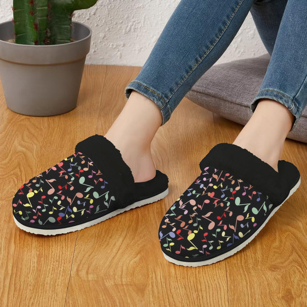 Quavers, Music Notes Women's Fur Trim Thick-Sole Indoor Slippers Women's Fur Trimmed Slippers Music Printed Offshore