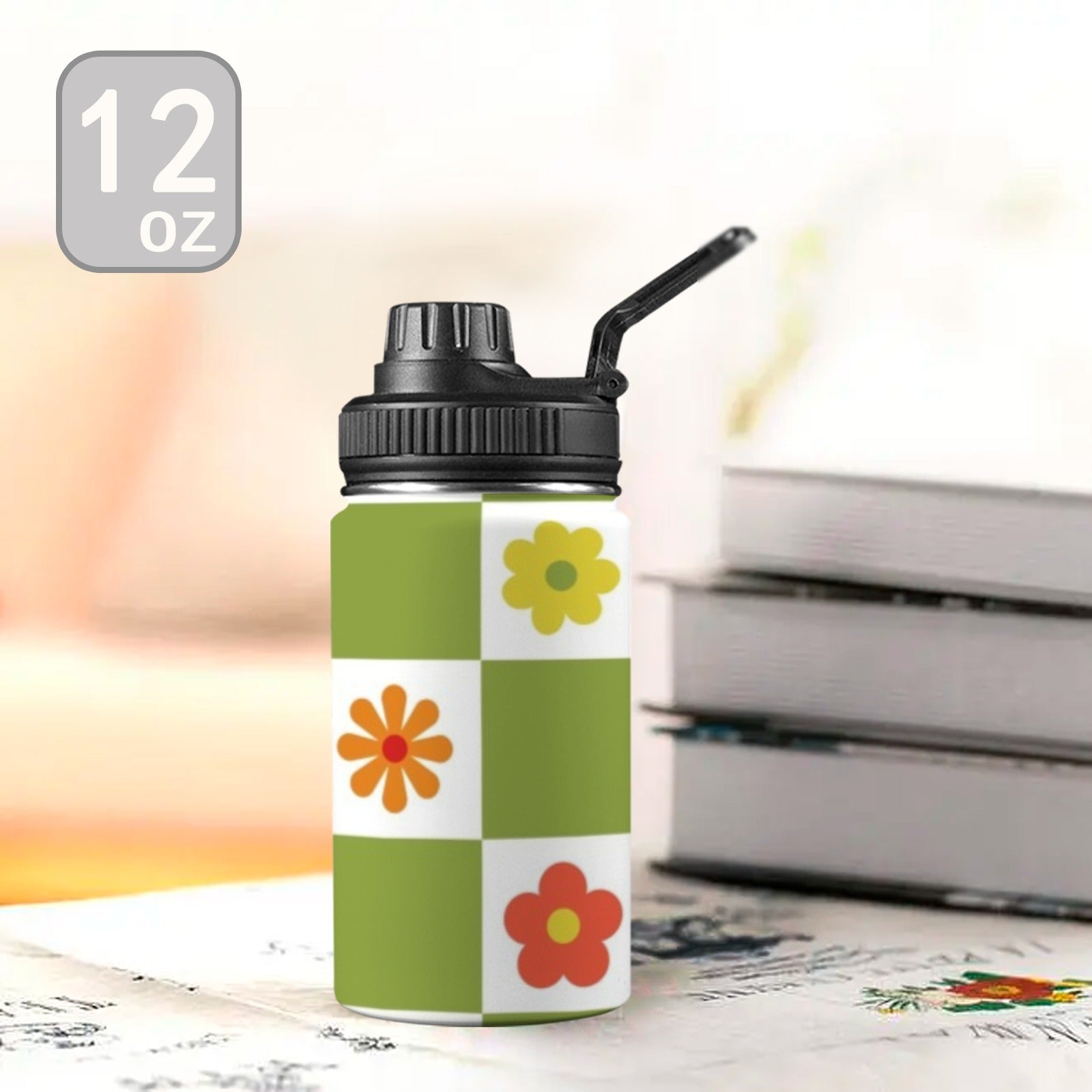 Flower Check Kids Water Bottle with Chug Lid (12 oz) Kids Water Bottle with Chug Lid Plants Printed Offshore
