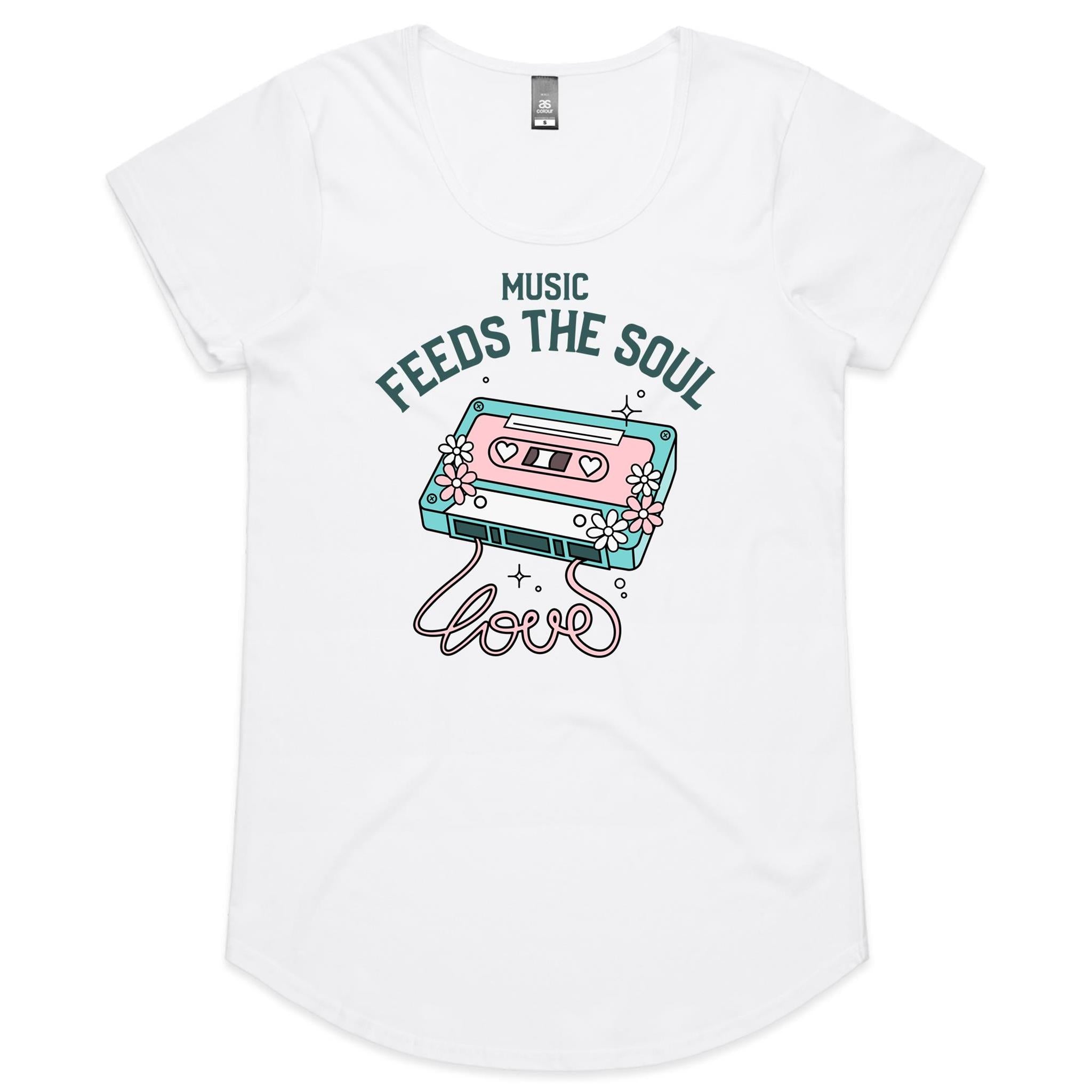 Music Feeds The Soul - Womens Scoop Neck T-Shirt White Womens Scoop Neck T-shirt Music Printed In Australia
