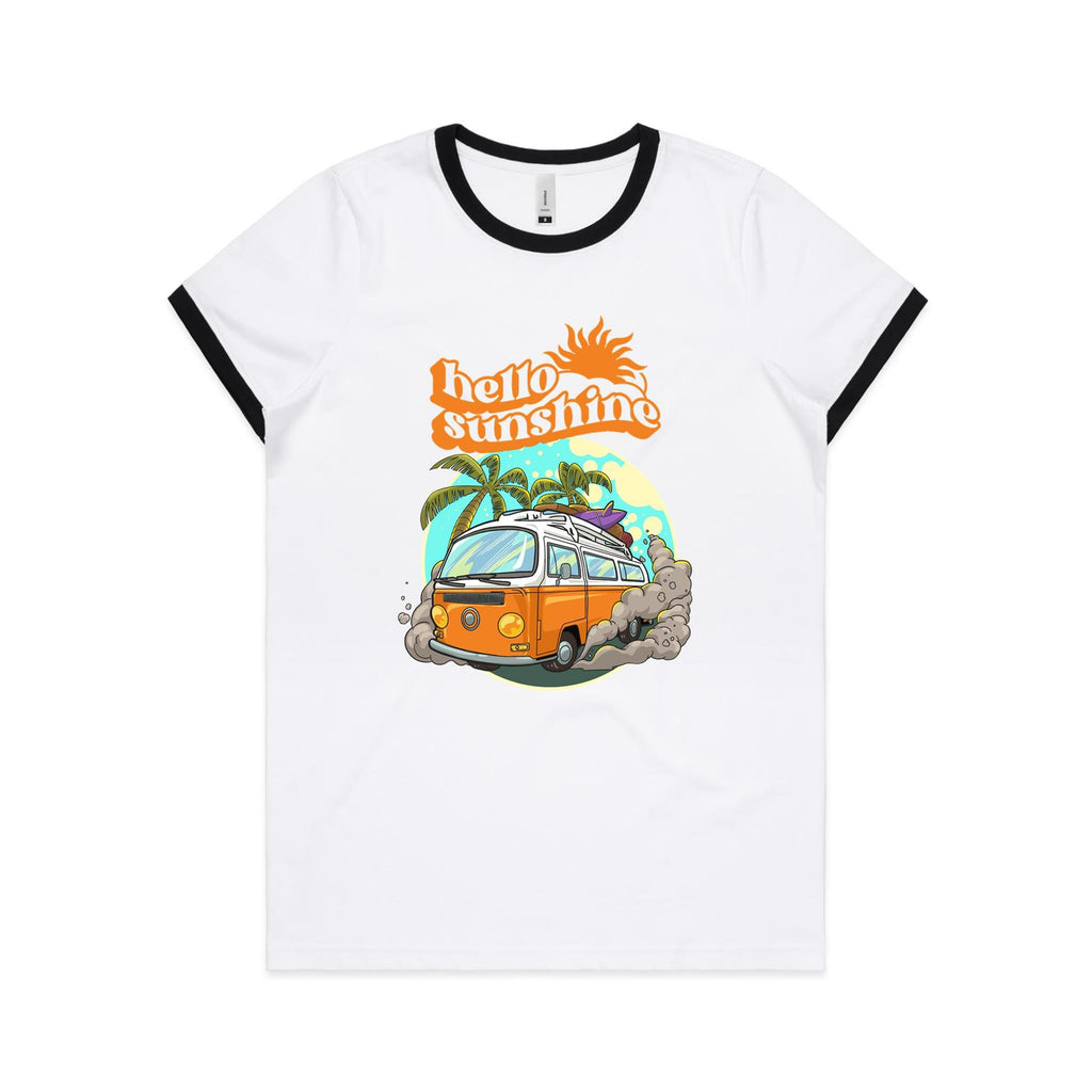 Hello Sunshine, Beach Van - Women's Ringer Tee White Black Womens Ringer T-shirt Printed In Australia Summer Surf