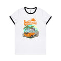 Hello Sunshine, Beach Van Women's AS Colour Ringer Tee White Black Womens Ringer T-shirt Printed In Australia Summer Surf