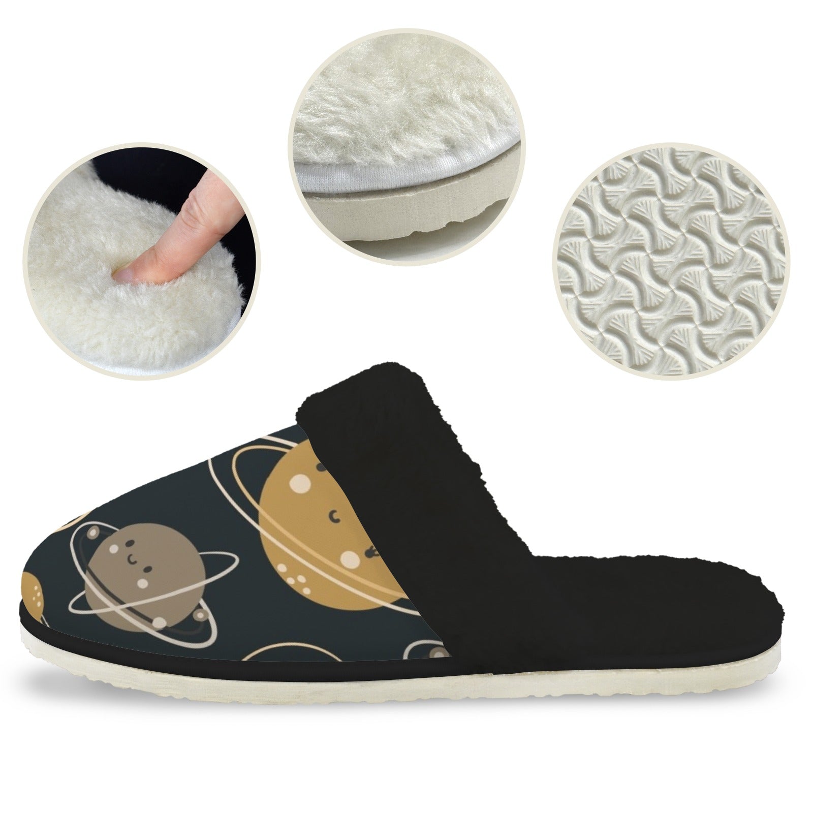 Planets - Men's Fur Trim Thick-Sole Indoor Slippers Men's Fur Trimmed Slippers Printed Offshore Space