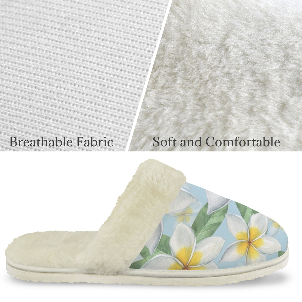Delicate Frangipani Women's Fur Trim Thick-Sole Indoor Slippers Women's Fur Trimmed Slippers Plants Printed Offshore