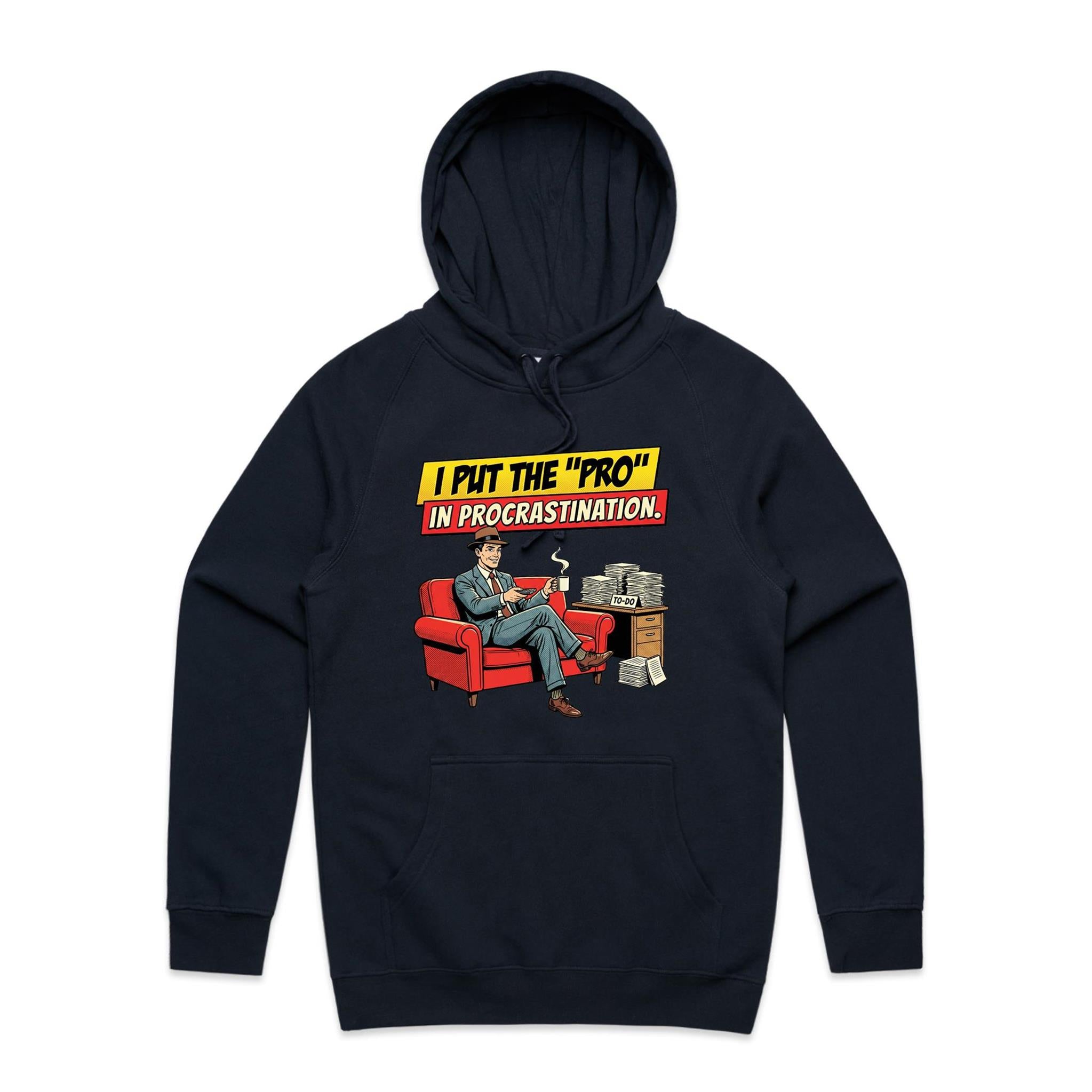 I Put The Pro In Procrastination, Retro Gentleman Men's AS Colour Hoodie Navy Mens Hoodie comic Printed In Australia
