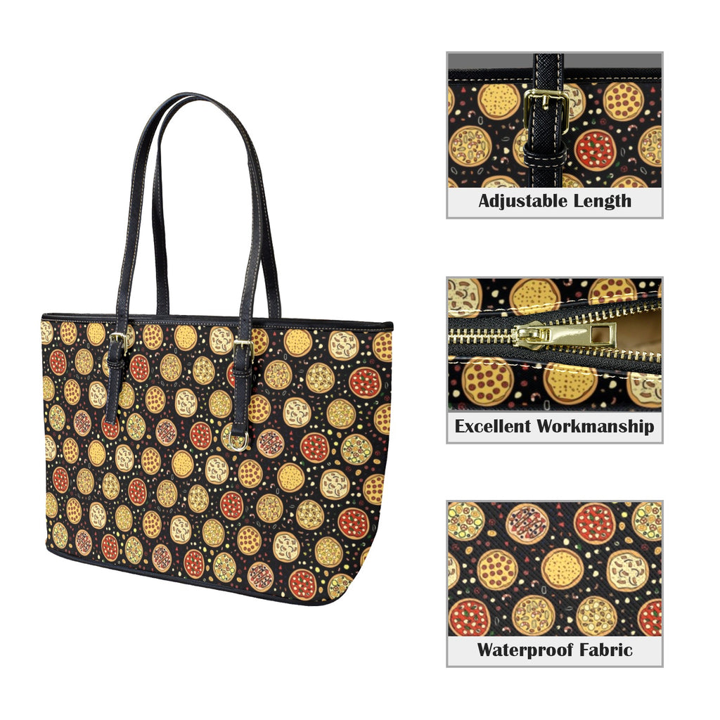Round Pizzas On Black PU Leather Tote Bag Large Leather Tote Bag-Large Food Printed Offshore