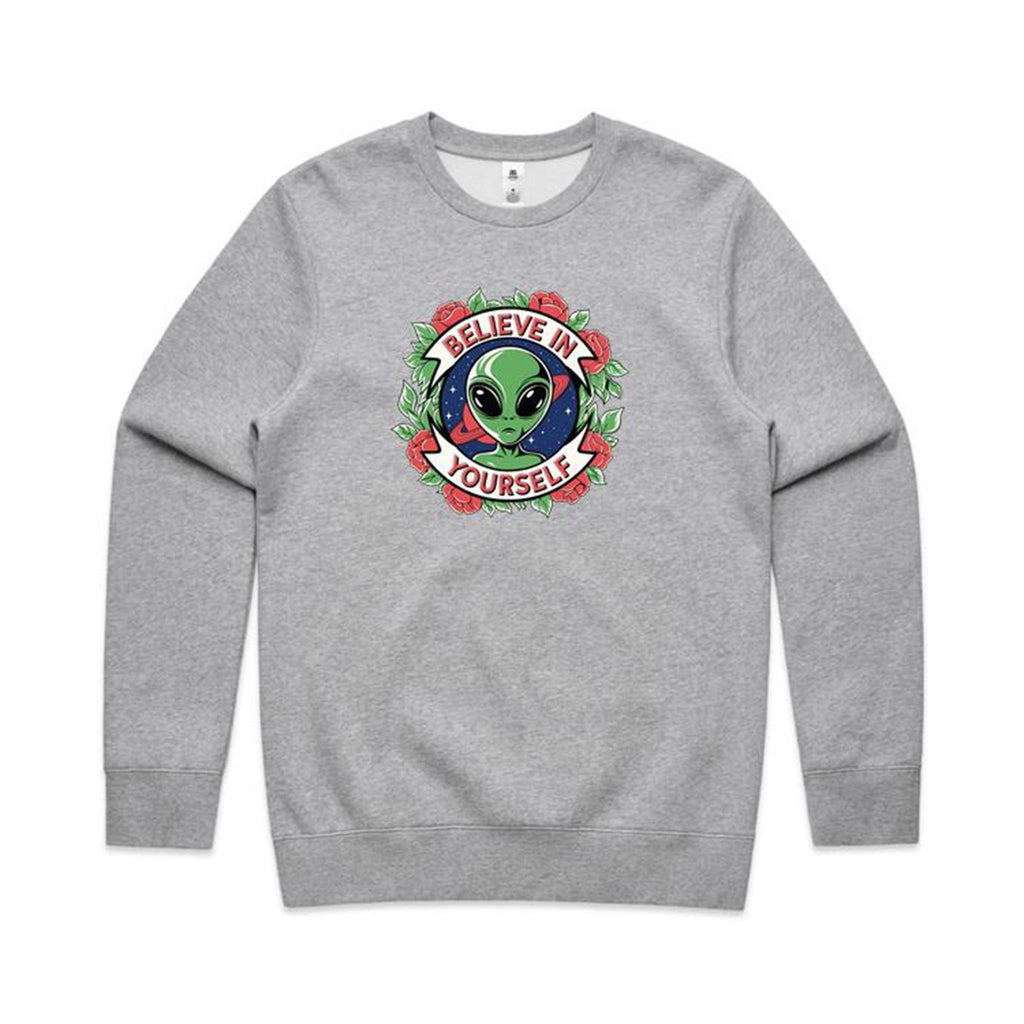 Believe In Yourself, Alien - AS Colour Stencil Crew Grey Marle Sweatshirt Motivation Positivity Printed In Australia Sci Fi