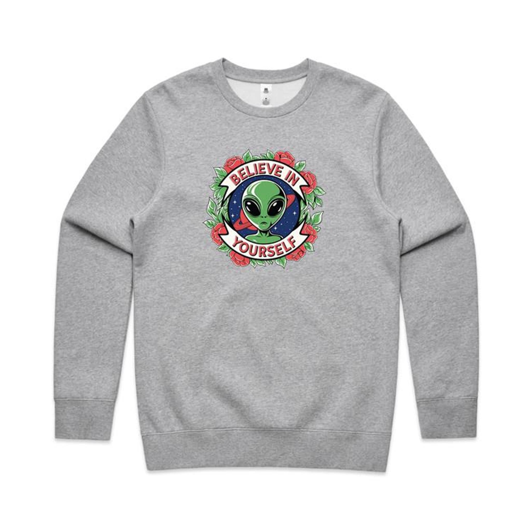 Believe In Yourself, Alien - AS Colour Stencil Crew Grey Marle Sweatshirt Motivation Positivity Printed In Australia Sci Fi