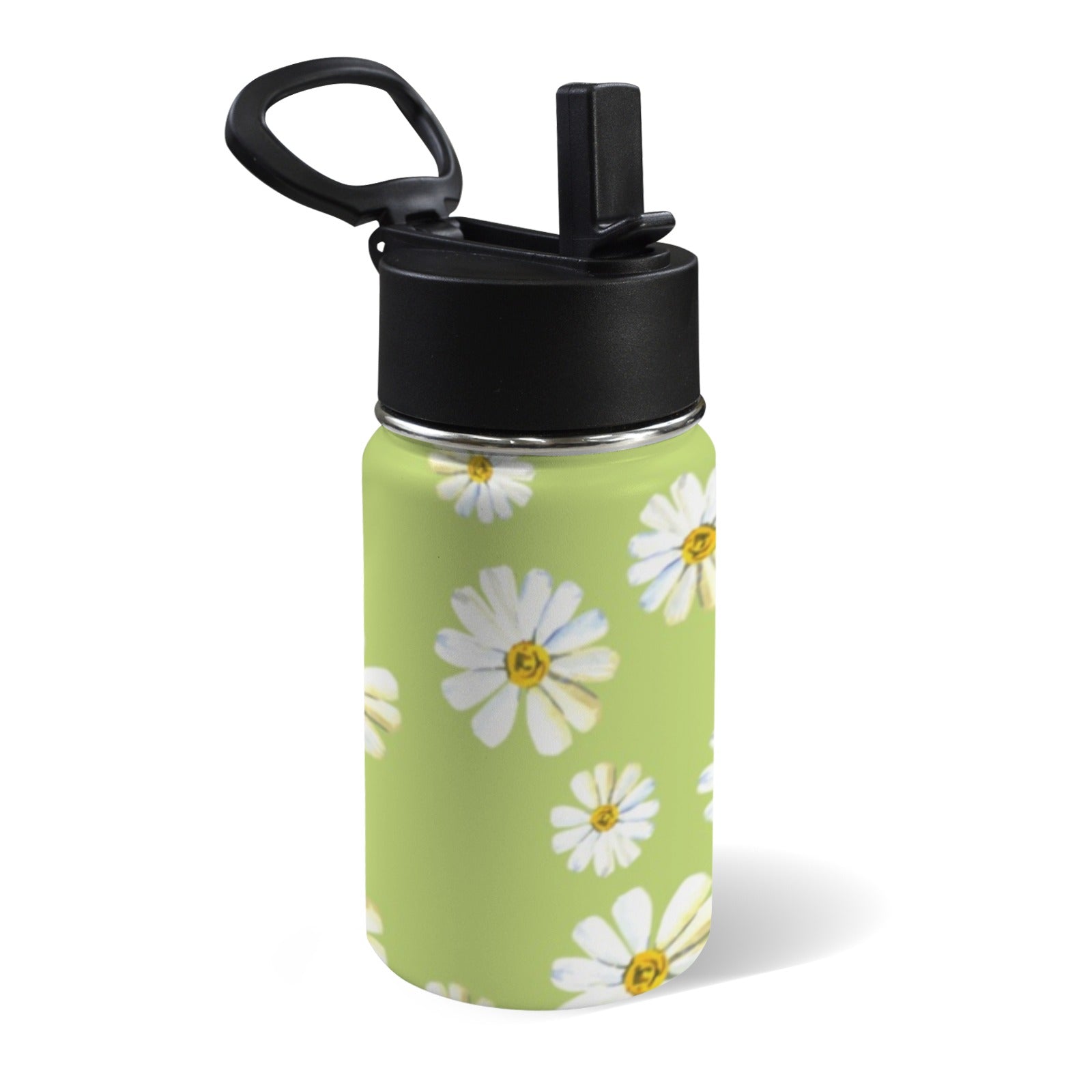 White Flower On Green 12oz Kids Water Bottle with Straw Lid