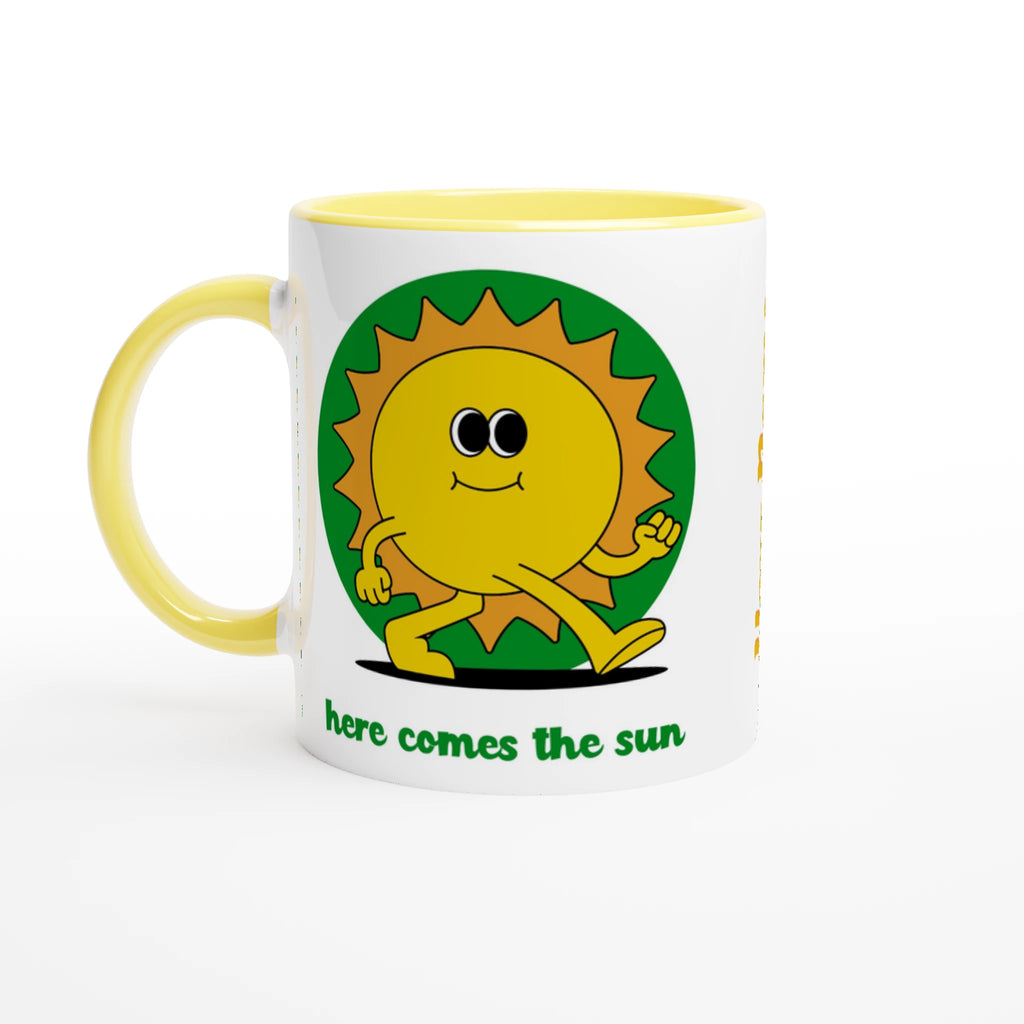 Personalised - Here Comes The Sun - White 11oz Ceramic Mug with Colour Inside Ceramic Yellow Personalised 11oz Mug customise Globally Fulfilled personalise Retro Summer