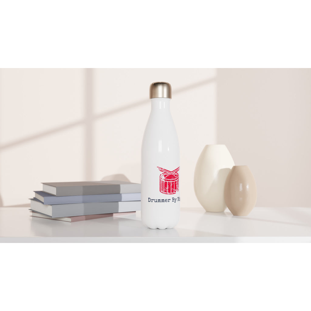 Drummer By Night - White 17oz Stainless Steel Water Bottle White Water Bottle Globally Fulfilled Music