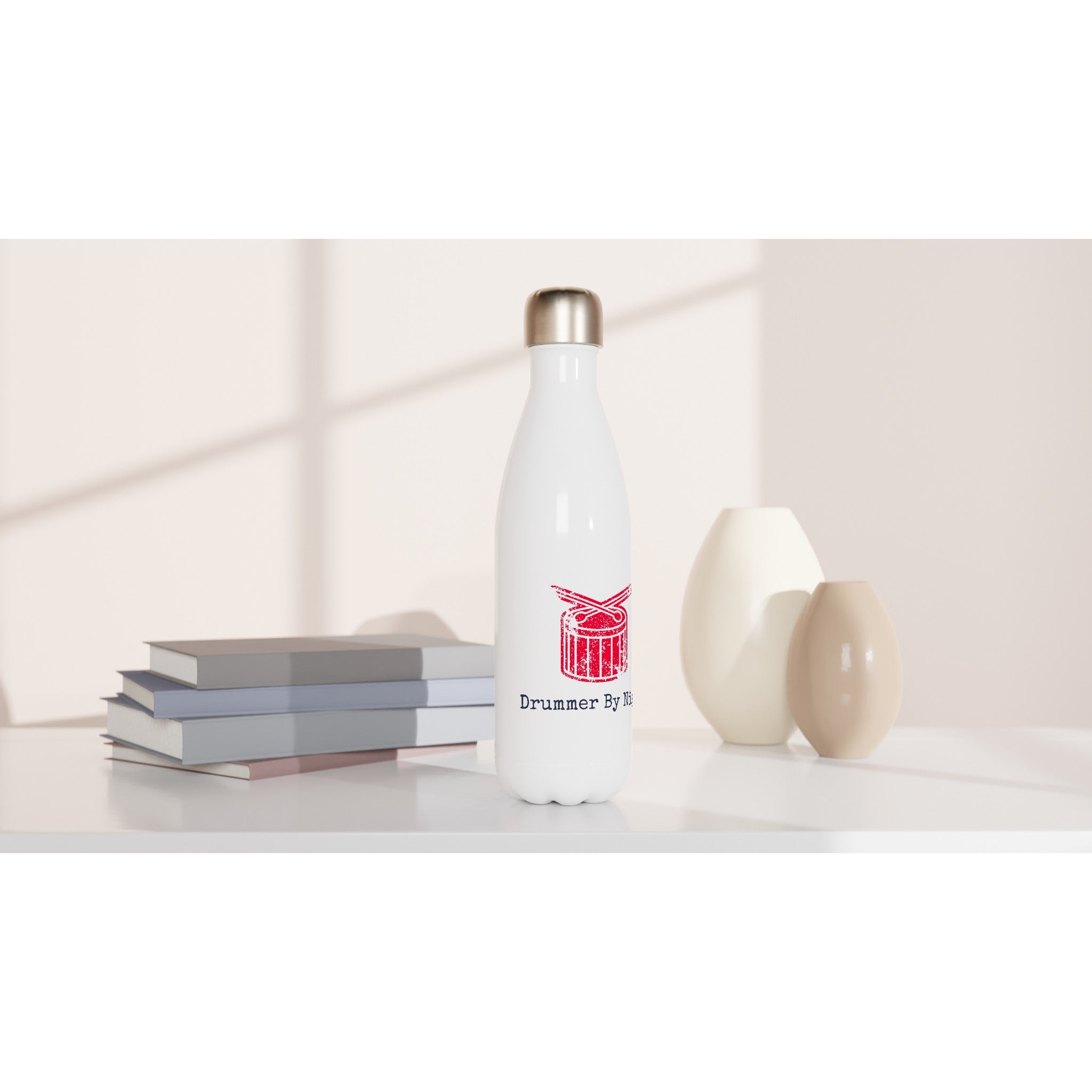 Drummer By Night - White 17oz Stainless Steel Water Bottle White Water Bottle Globally Fulfilled Music
