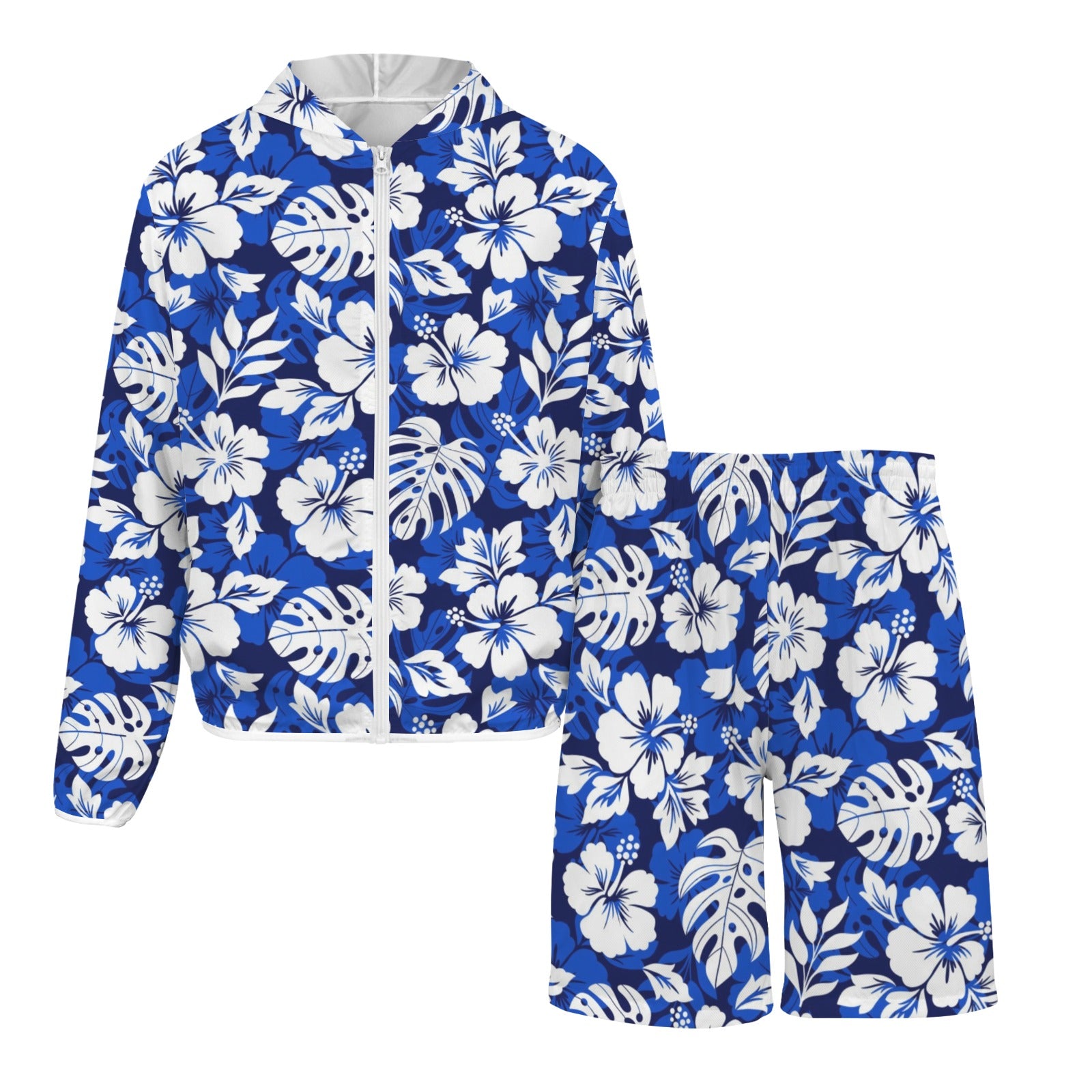 Blue Hawaiian Floral Men's Lightweight Sun Hoodie & Shorts Set Men's Lightweight Sun Hoodie & Shorts Plants Printed Offshore