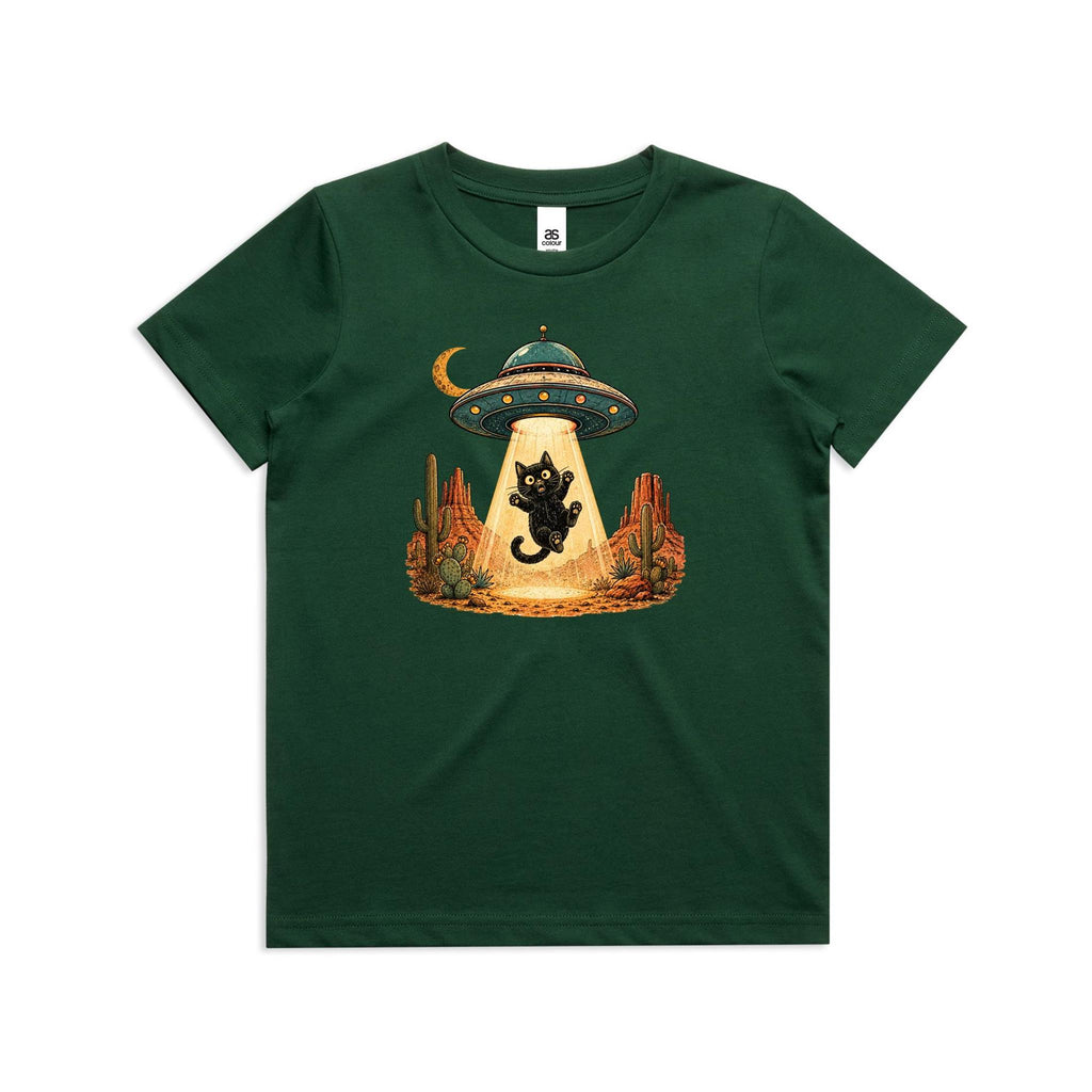 Black Cat Alien UFO Abduction Kids AS Colour T-shirt