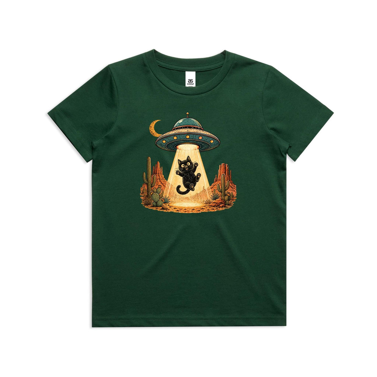 Black Cat Alien UFO Abduction Kids AS Colour T-shirt