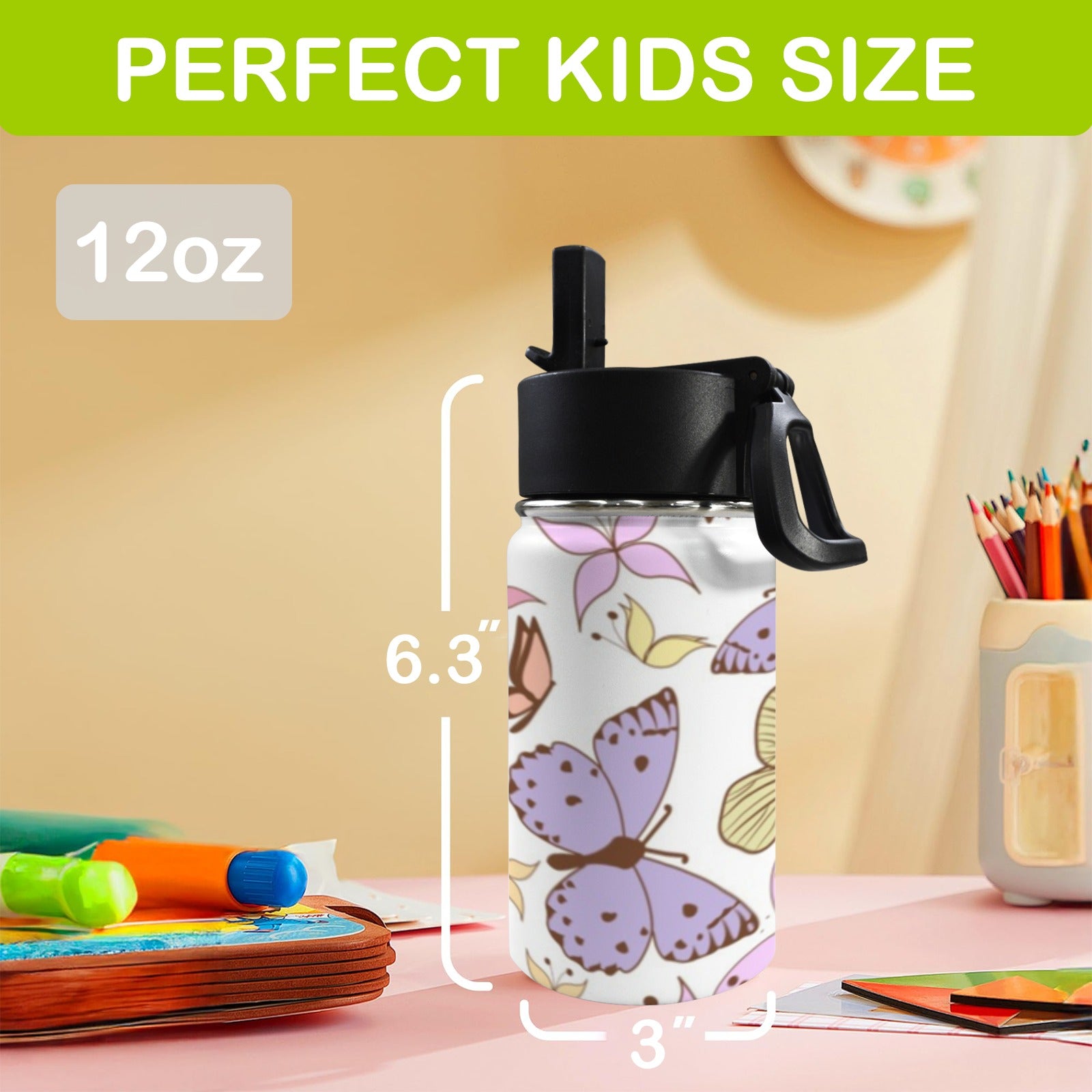 Cartoon Butterfly 12oz Kids Water Bottle with Straw Lid